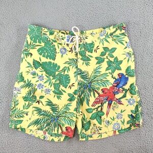 Polo Ralph Lauren Swim Trunk Mens L Yellow Tropical Floral Aloha Bird Print Mesh